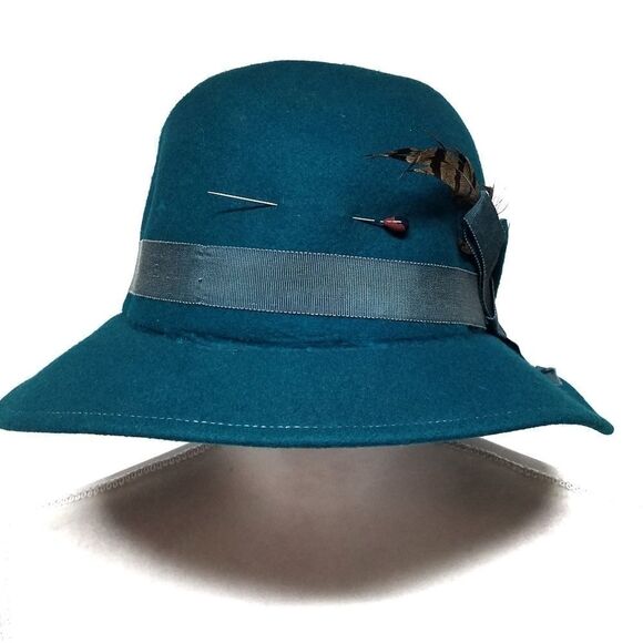 𝅺VTG 50s Peachfeld Wool Turquoise Feather Fedora - Picture 2 of 8